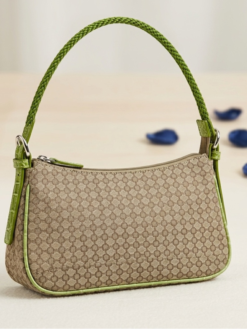 Nine West Vintage Y2K Mini Shoulder Bag Green Croc Embossed Trim Geometric Tan - Picture 1 of 10